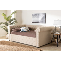 Baxton Studio Ashley-Beige-Daybed-Queen Mabelle Modern and Contemporary Beige Fabric Upholstered Queen Size Daybed